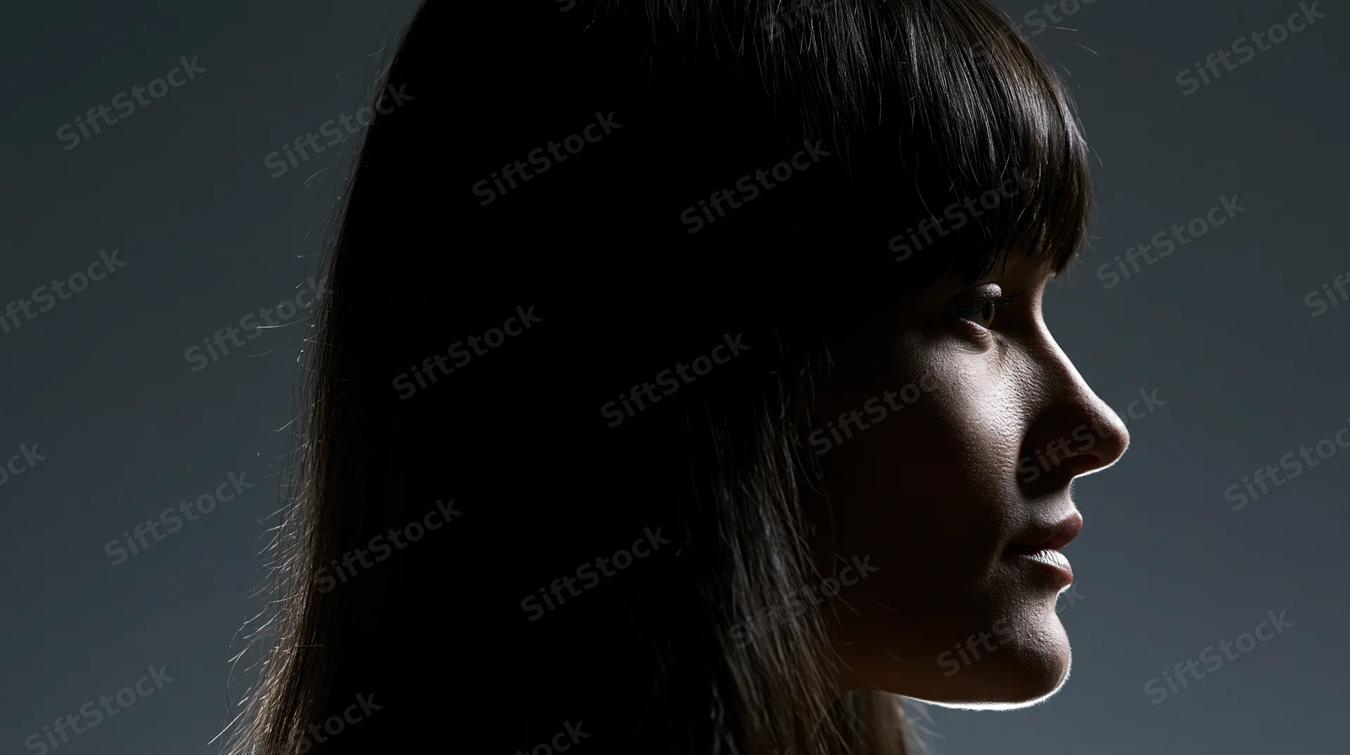 Young woman in profile with face in near-silhouette against dark background, rimlit from side