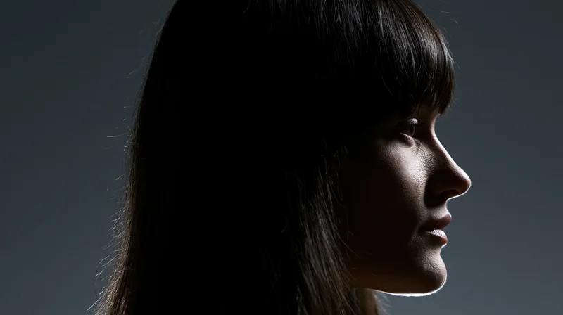 Young woman in profile with face in near-silhouette against dark background, rimlit from side