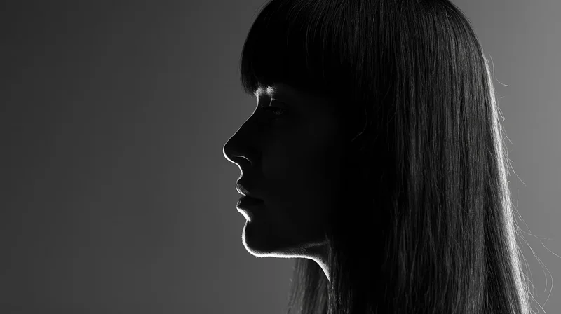 Young woman in profile with rim lighting against dark background