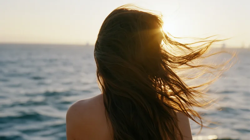 Woman with long hair blowing in wind at ocean during sunset