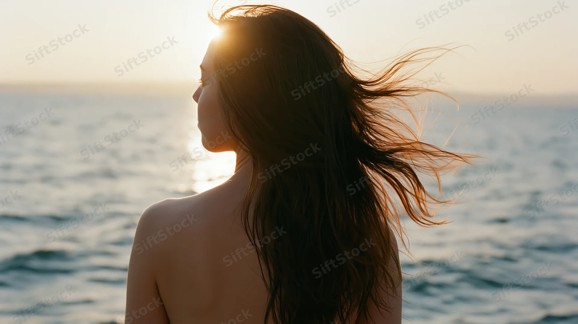 Young woman standing at ocean’s edge in sunset, hair blowing in wind, back to camera