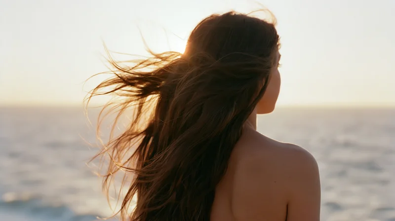 Woman with long hair blowing in the wind standing at ocean edge at sunset