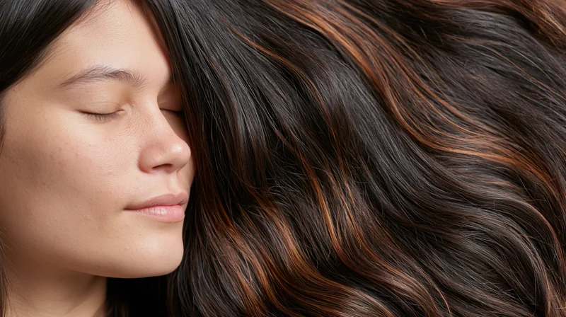 Young woman with eyes closed in profile surrounded by flowing dark hair with brown highlights