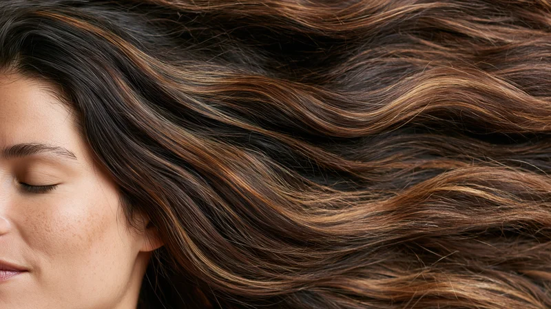 Woman with long wavy brown hair flowing in profile, eyes closed