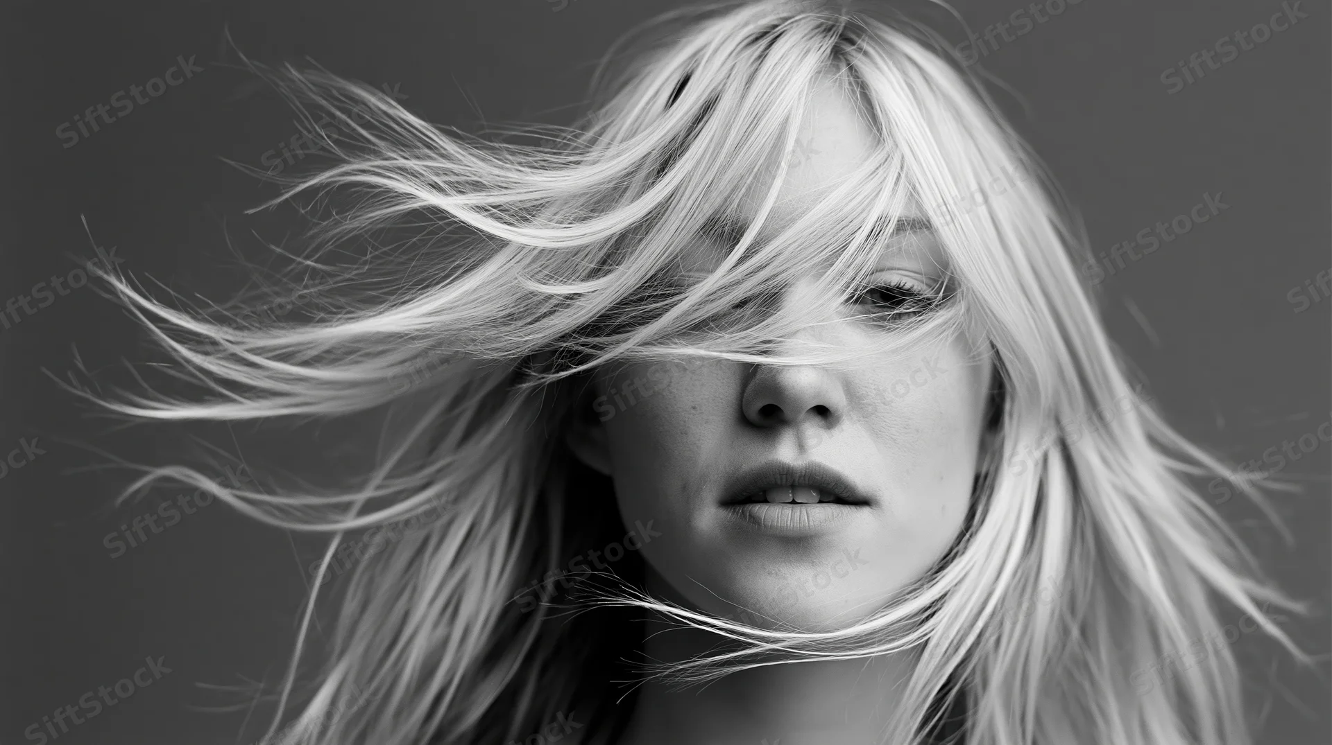 Young woman with long blonde hair swept across her face in a studio portrait