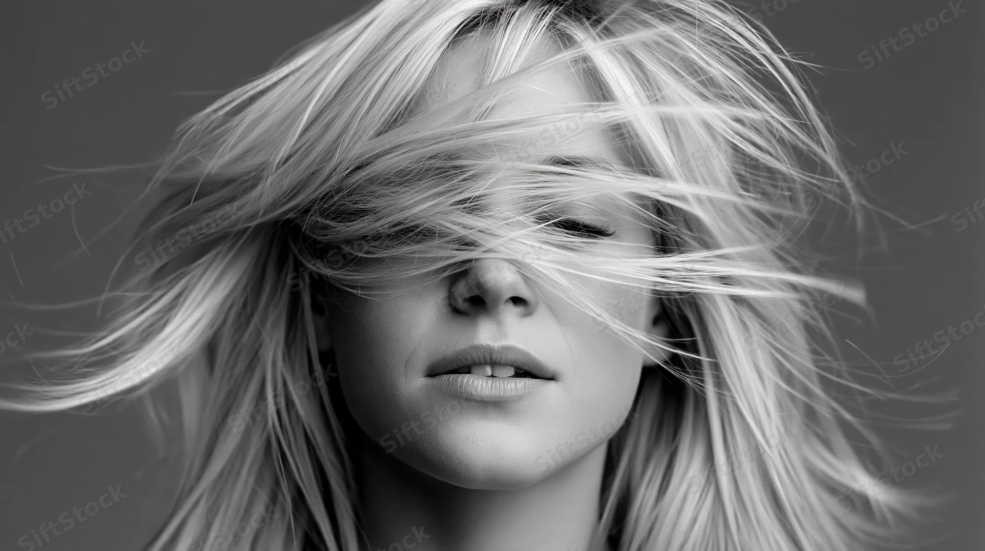 Young woman with long blonde hair swept across her face in a studio portrait