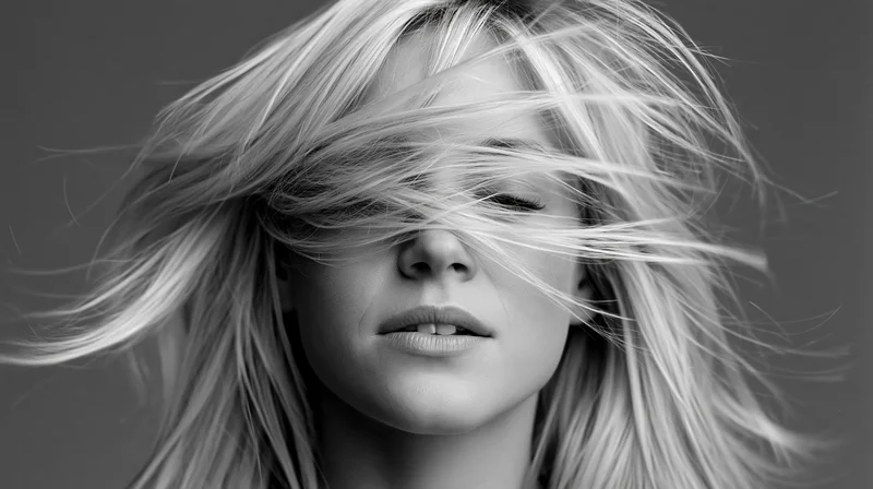 Young woman with long blonde hair swept across her face in a studio portrait