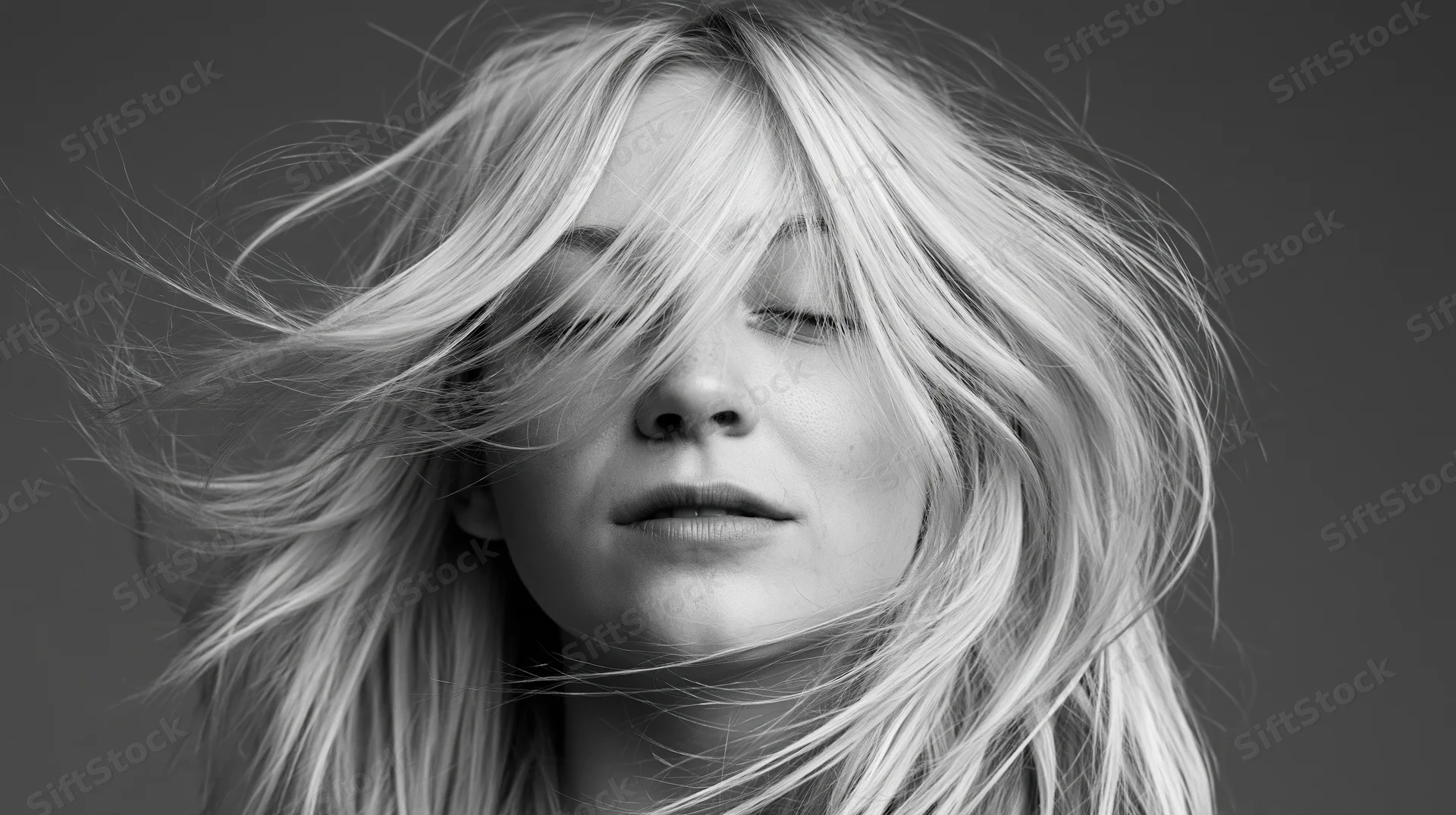 Young woman with long blonde hair swept across her face in a studio portrait