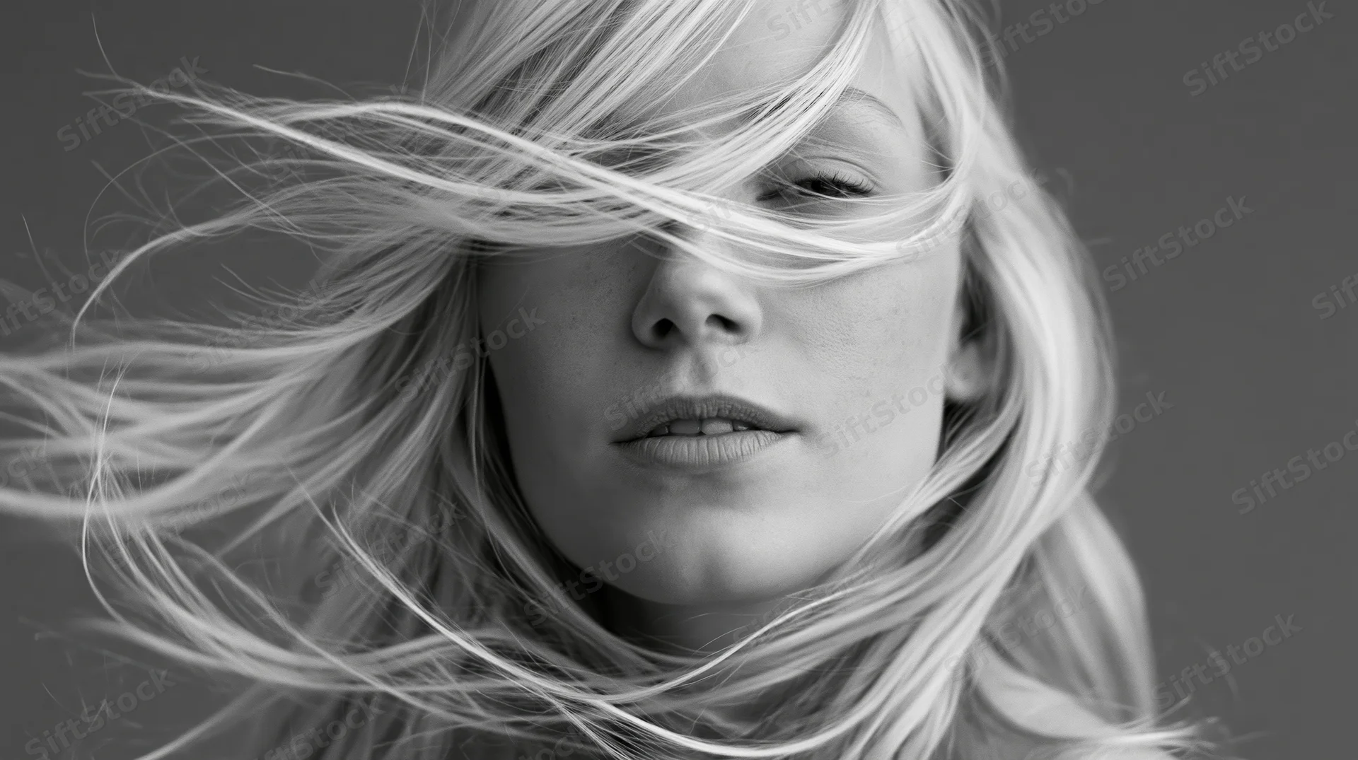 Closeup portrait of a young woman with long blonde hair swept by wind across her face in monochrome