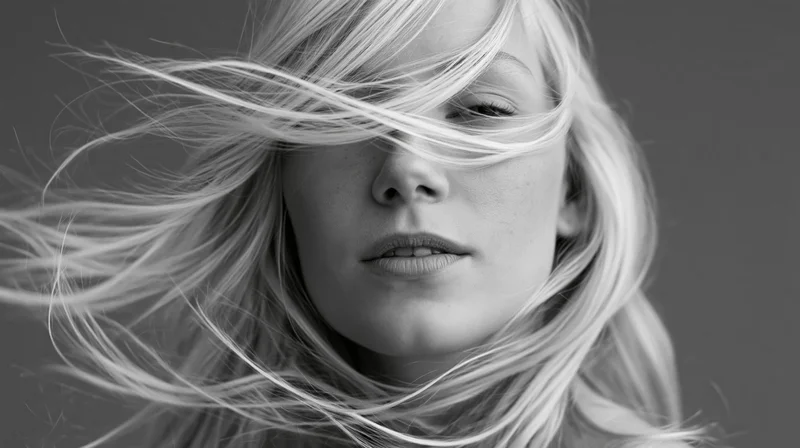 Closeup portrait of a young woman with long blonde hair swept by wind across her face in monochrome