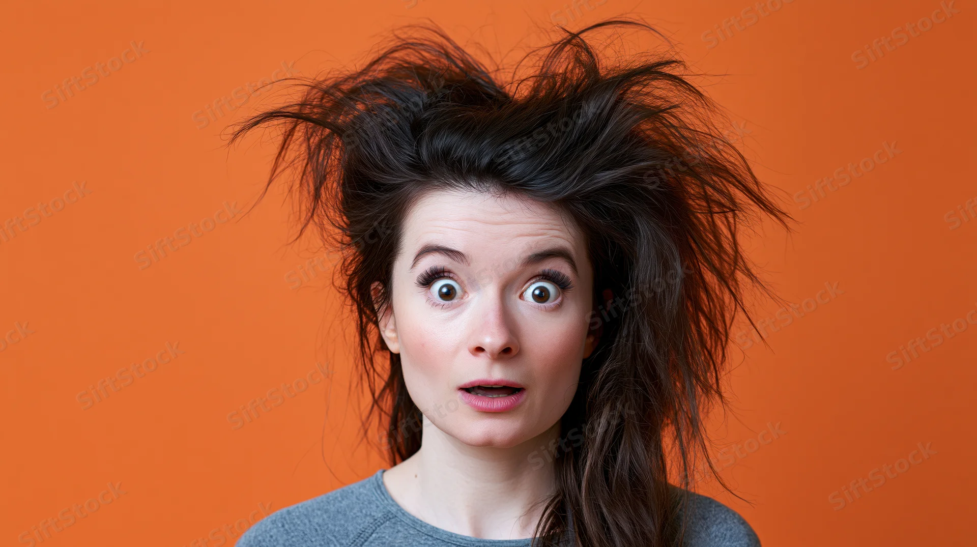 Young woman with wild disheveled dark hair in shock against orange background