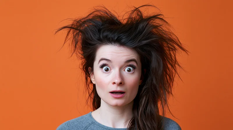 Young woman with wild disheveled dark hair in shock against orange background