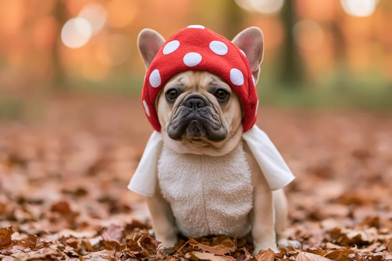 Frenchbulldog wearing flyagaric mushroom costume standing on autumn leaves in forest