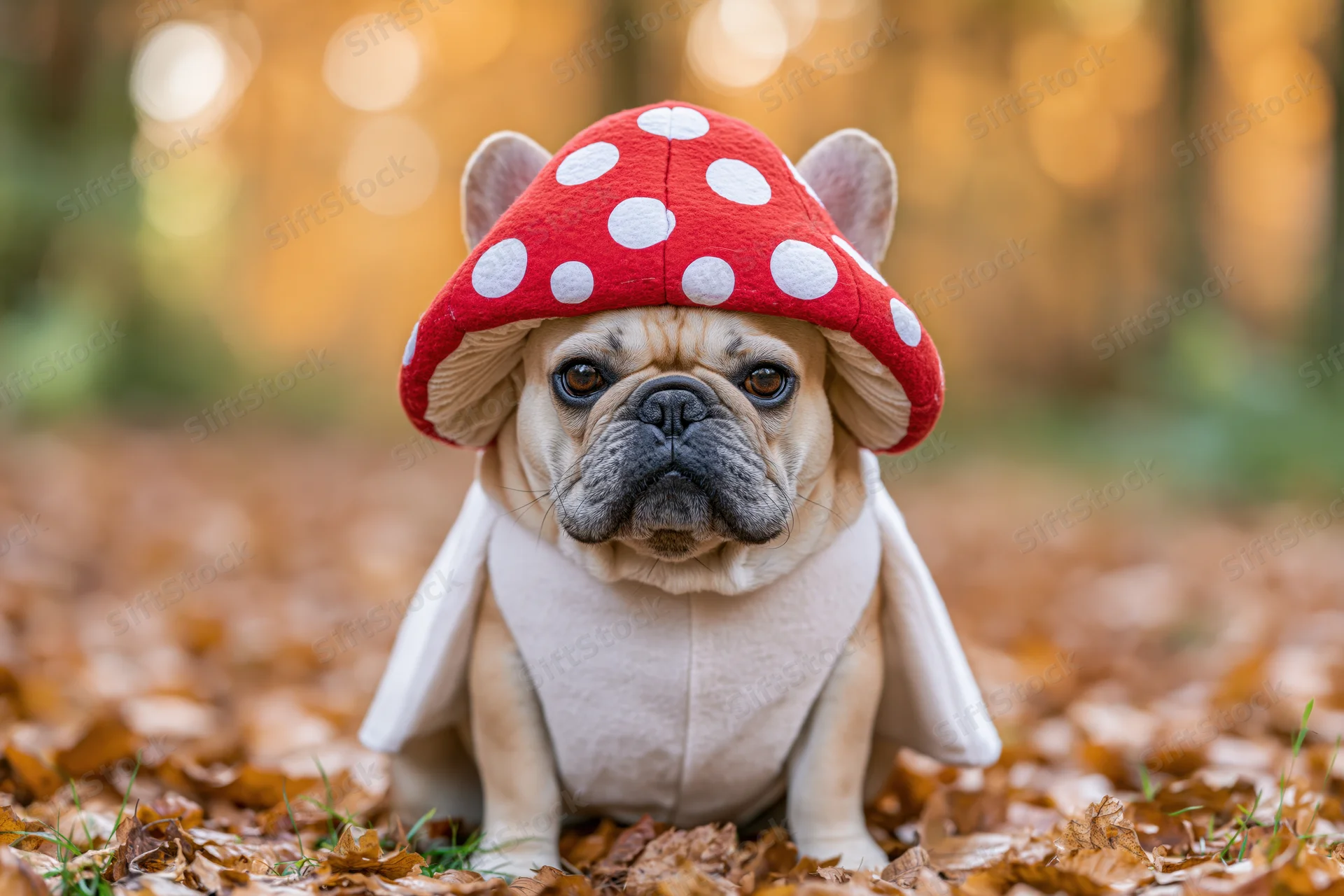 Frenchbulldog wearing mushroom costume sitting on fallen leaves in forest