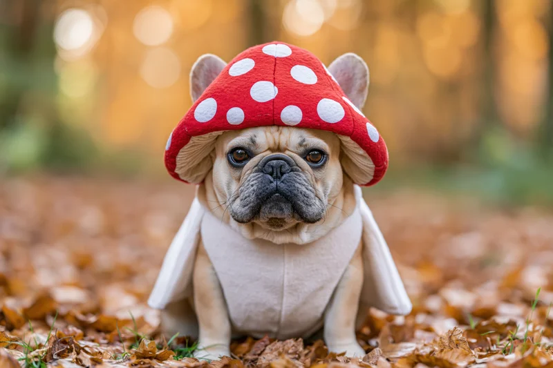 Frenchbulldog wearing mushroom costume sitting on fallen leaves in forest