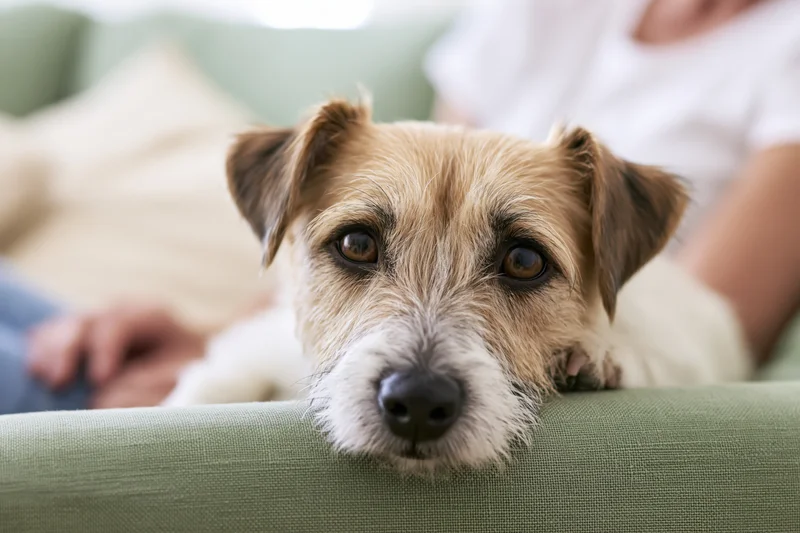 Jack russell terrier resting chin on sofa armrest in living room