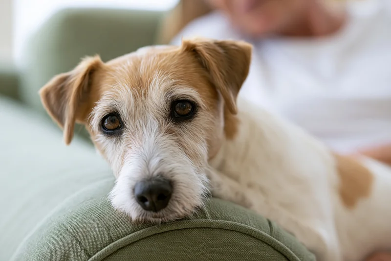 Jack russell terrier resting its chin on a green sofa armrest