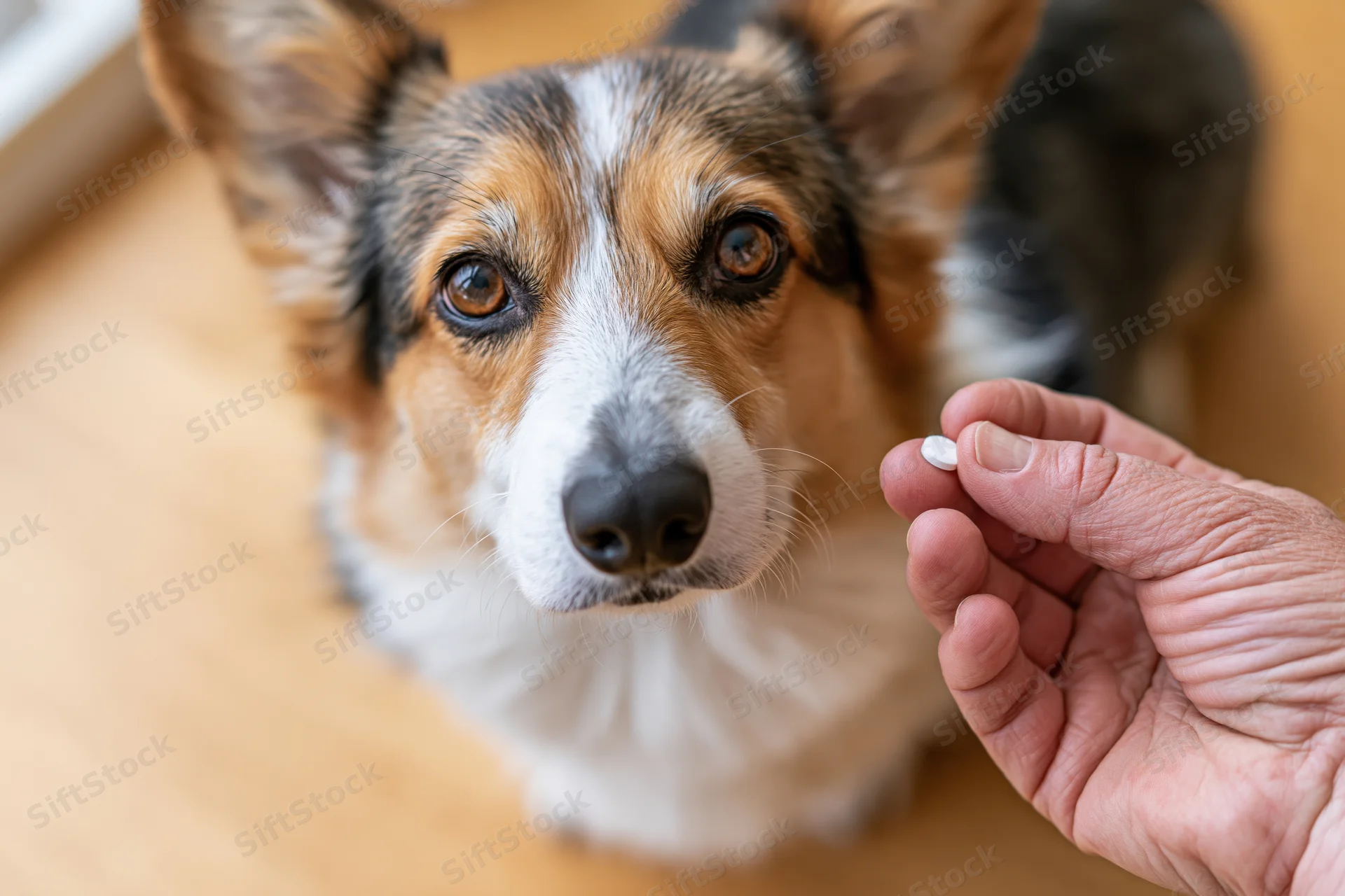 Pembroke welsh corgi looking up attentively at a human hand holding a white pill