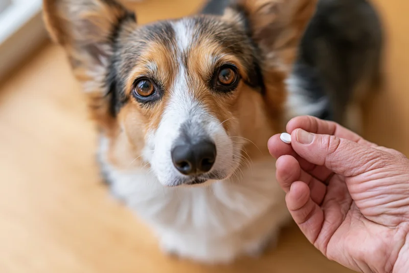 Pembroke welsh corgi looking up attentively at a human hand holding a white pill