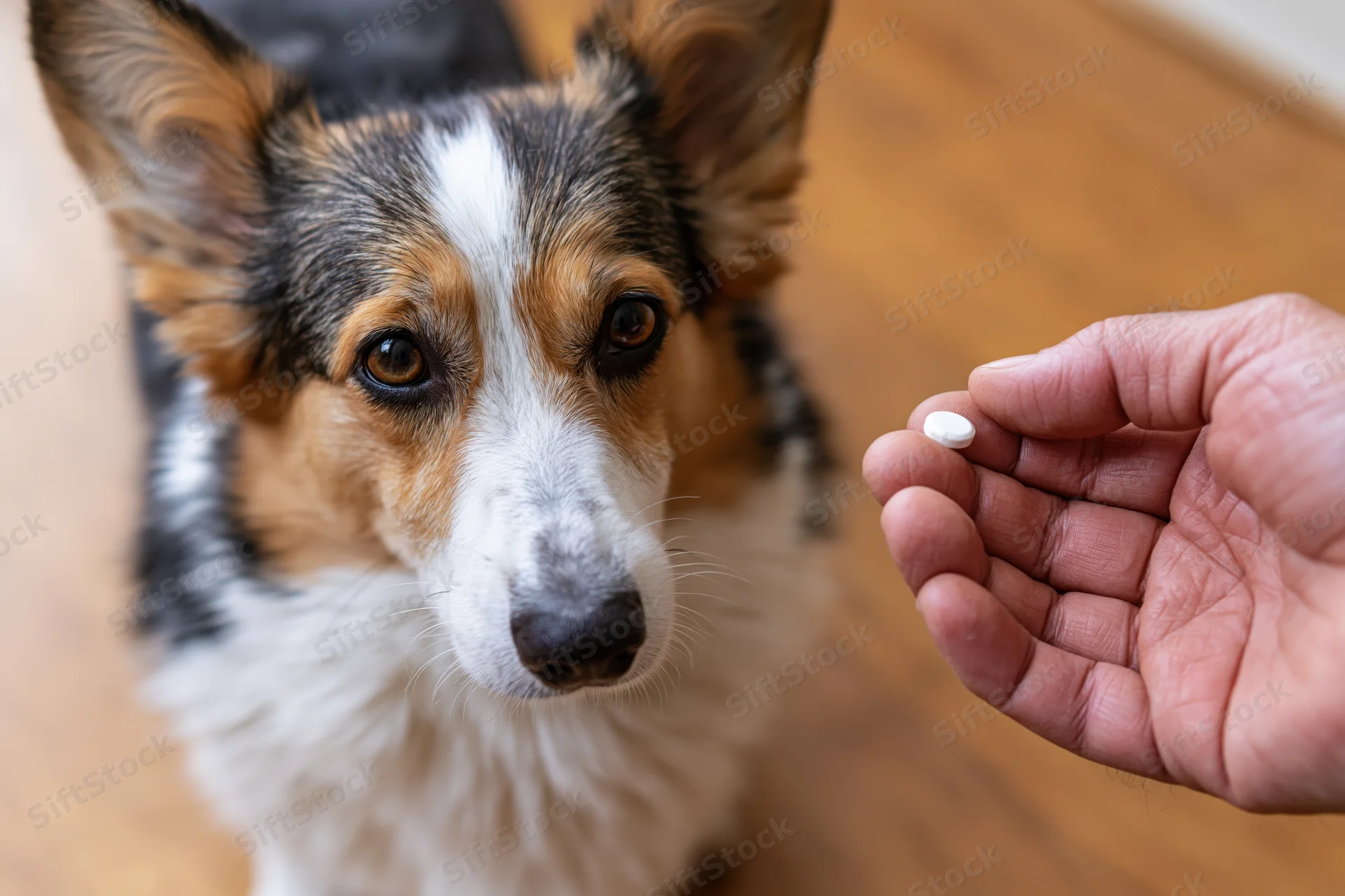 Pembroke welsh corgi looking up at a human hand holding a pill indoors