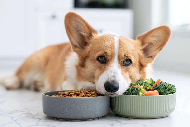 Pembroke welsh corgi lying on marble floor with two bowls of kibble and vegetables in front of it