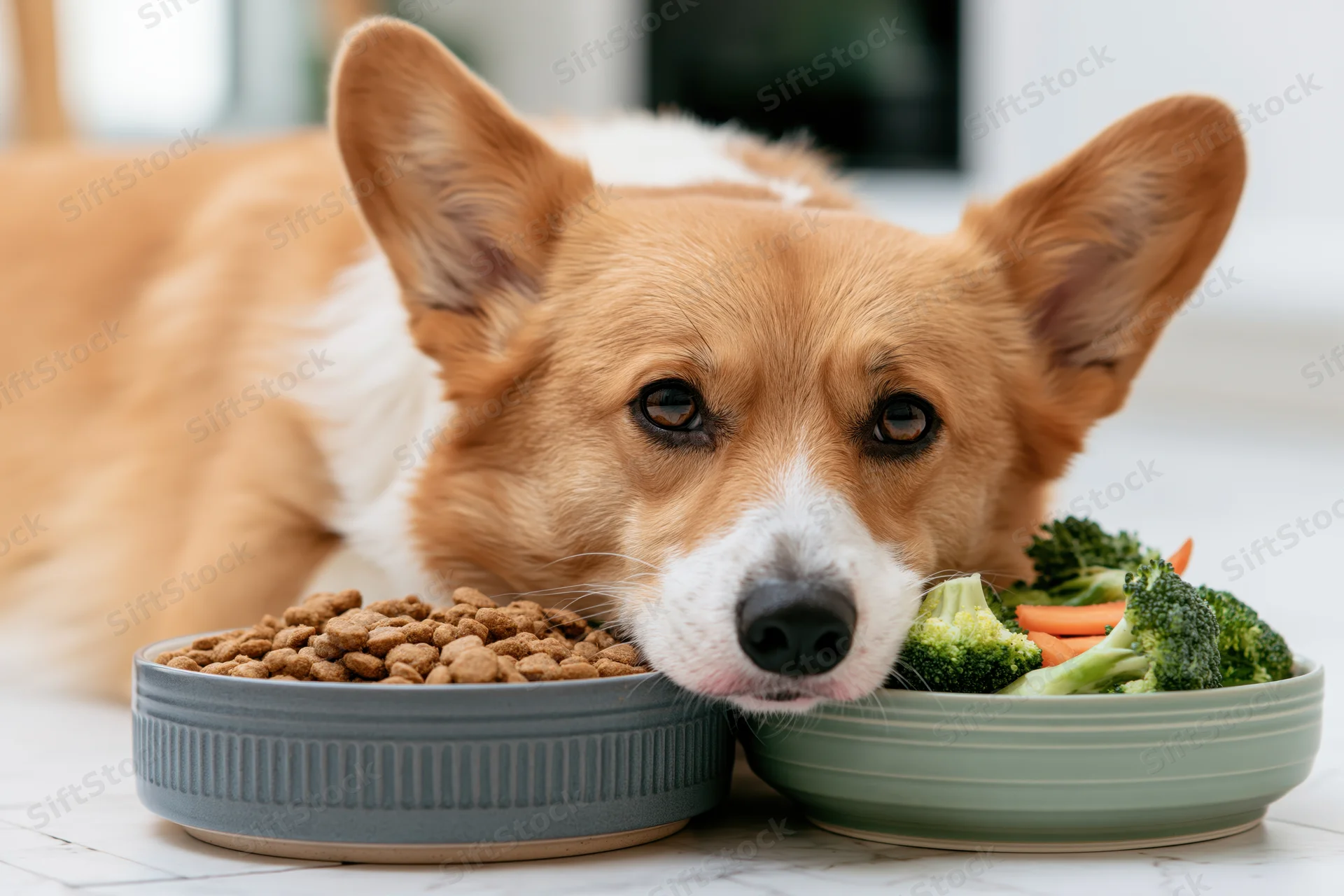 Pembroke welsh corgi lying on white marble floor with two bowls of food, one with kibble and one with vegetables