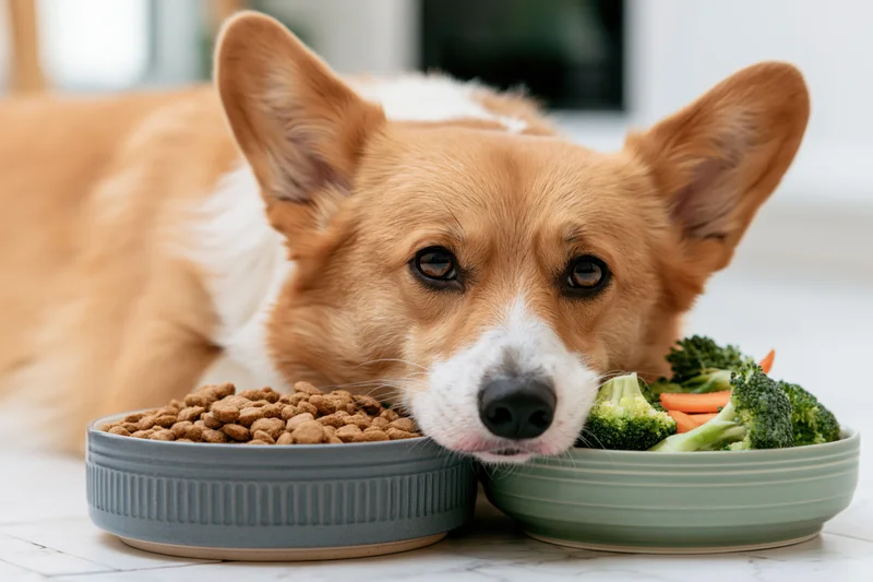 Pembroke welsh corgi lying on white marble floor with two bowls of food, one with kibble and one with vegetables
