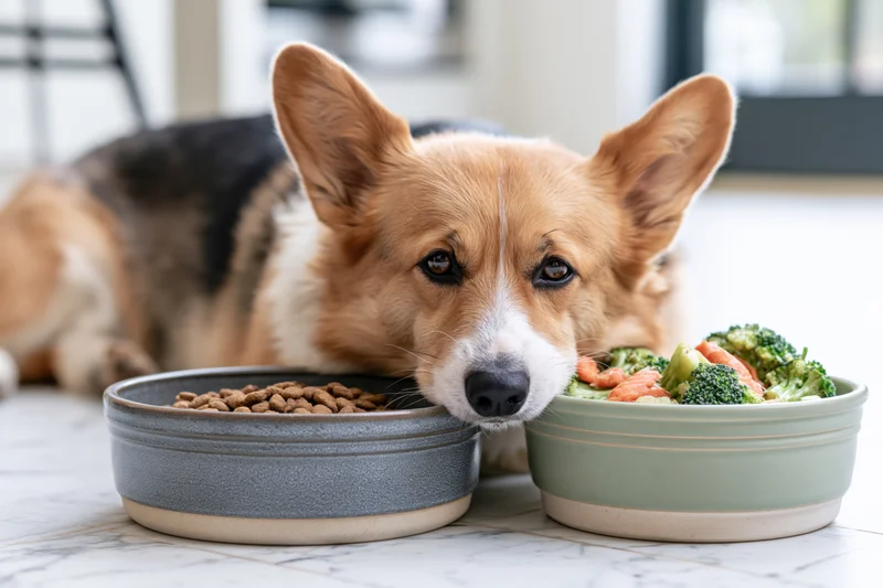 Pembroke welsh corgi lying on white marble floor with two bowls of food, one with kibble and one with vegetables