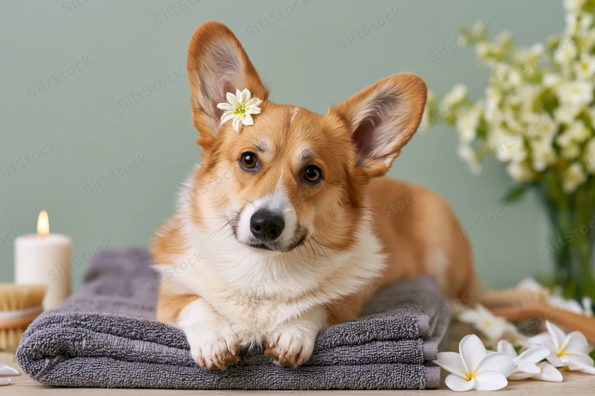 Pembroke welsh corgi lying on folded grey towel with flower in ear and candles nearby