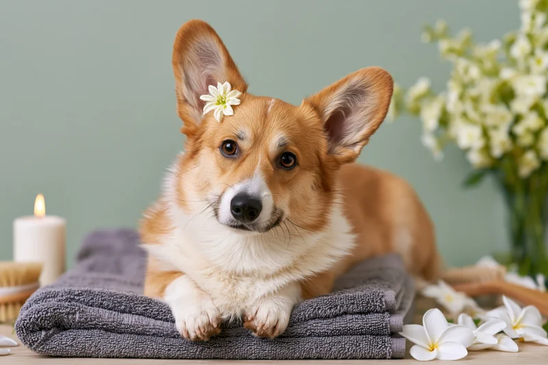 Pembroke welsh corgi lying on folded grey towel with flower in ear and candles nearby