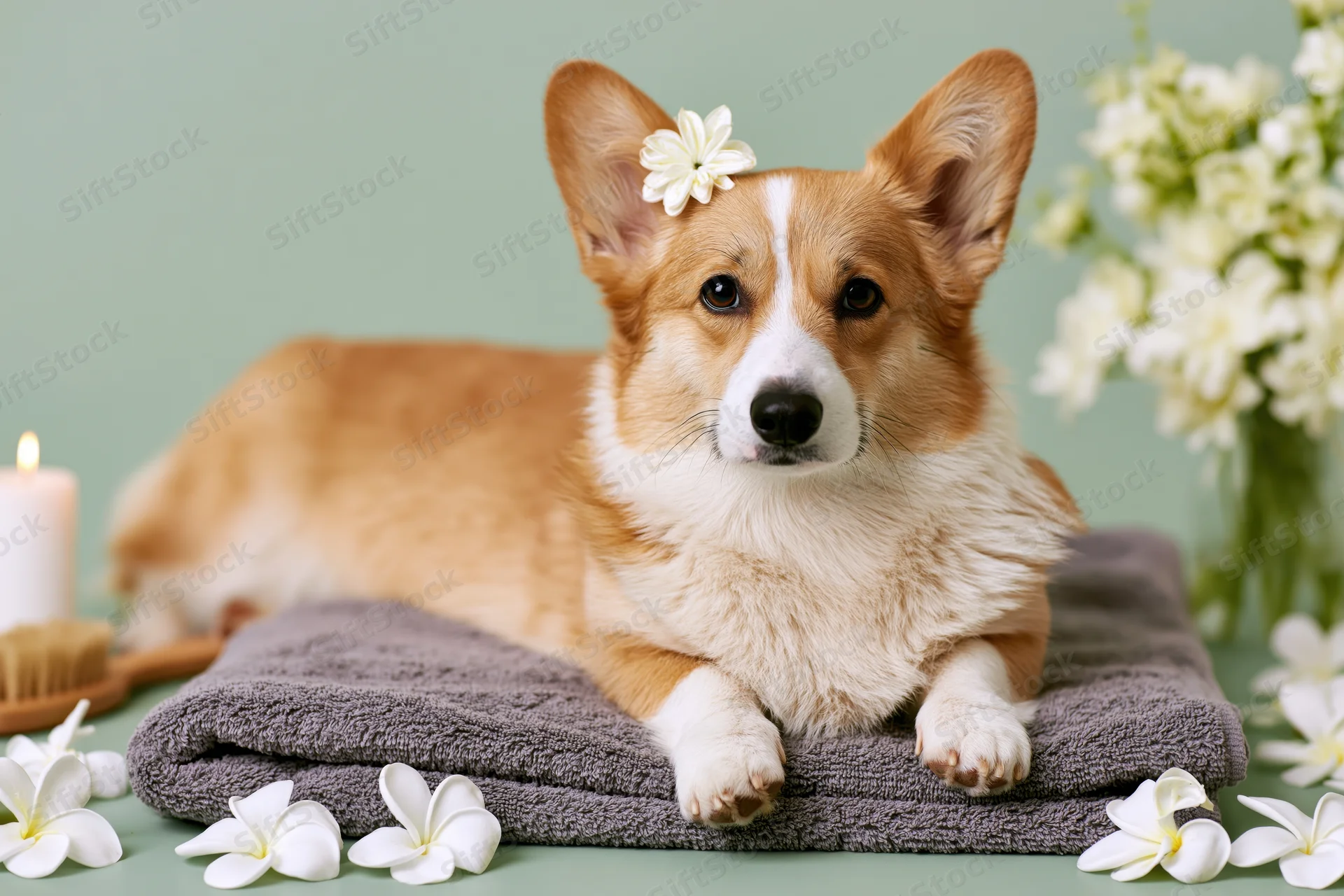 Pembroke welsh corgi lying on folded grey towel surrounded by white flowers and candle