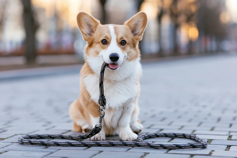 Pembroke welsh corgi sitting on urban pavement holding leash in mouth