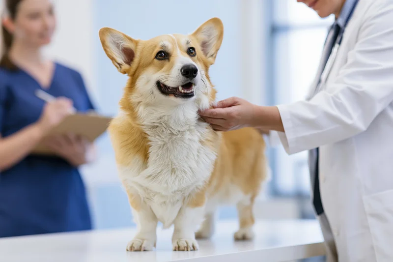 Pembroke welsh corgi standing on examination table during veterinary checkup