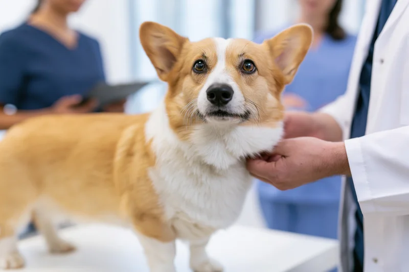 Pembroke welsh corgi standing on white examination table during veterinary checkup
