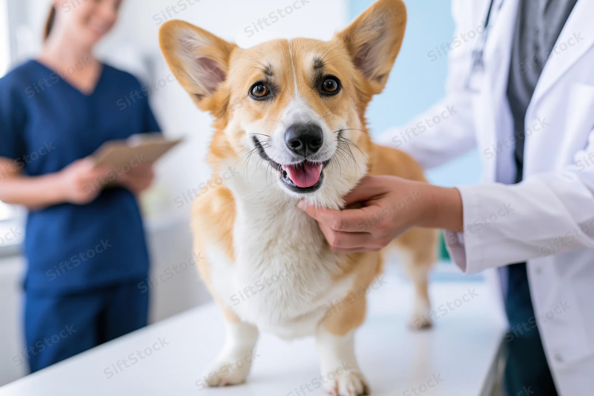 Pembroke welsh corgi standing on examination table during veterinary checkup