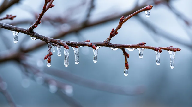 Closeup of a bare tree branch with small transparent icicles hanging from it against a blurred winter sky