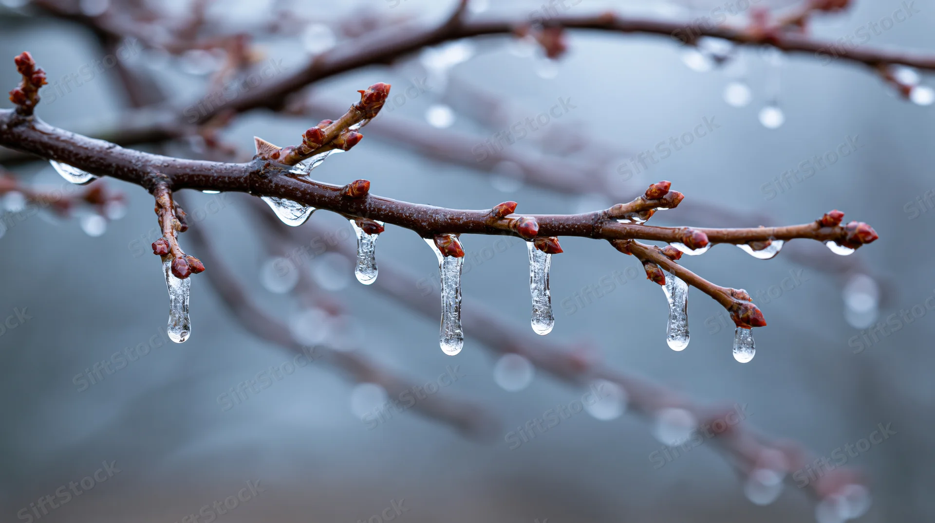 Icicles hanging from a bare tree branch with small red buds in winter outdoors