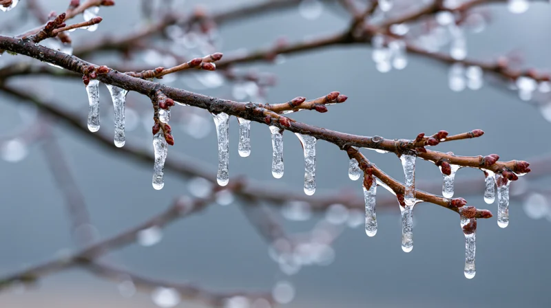Icicles hanging from a bare tree branch with small buds in winter outdoors