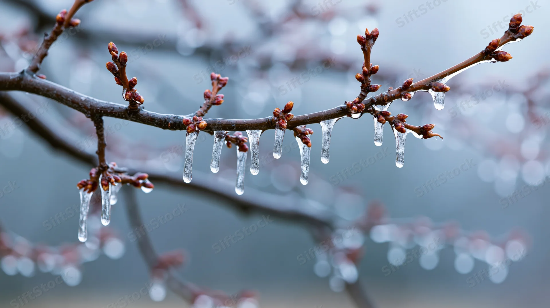 Icicles hanging from a tree branch with emerging buds in winter outdoors