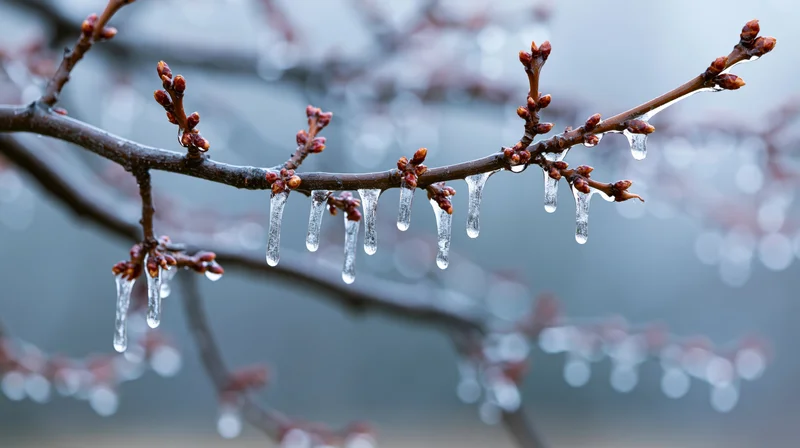 Icicles hanging from a tree branch with emerging buds in winter outdoors
