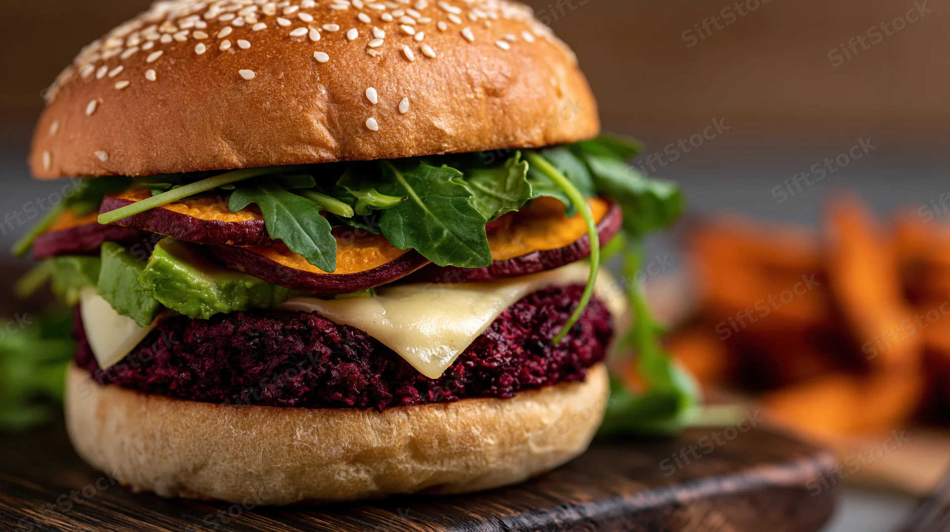 Beet veggie burger with avocado, cheese, arugula and sweet potato on sesame bun served on wooden board with fries in background