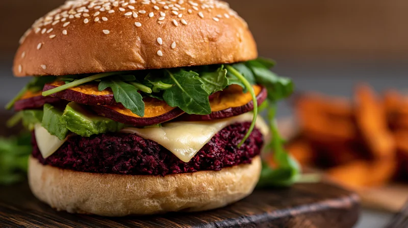 Beet veggie burger with avocado, cheese, arugula and sweet potato on sesame bun served on wooden board with fries in background