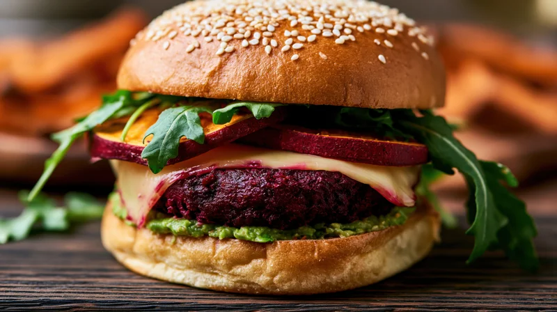 Beet veggie burger with avocado, cheese, and arugula on sesame bun served on dark wooden table
