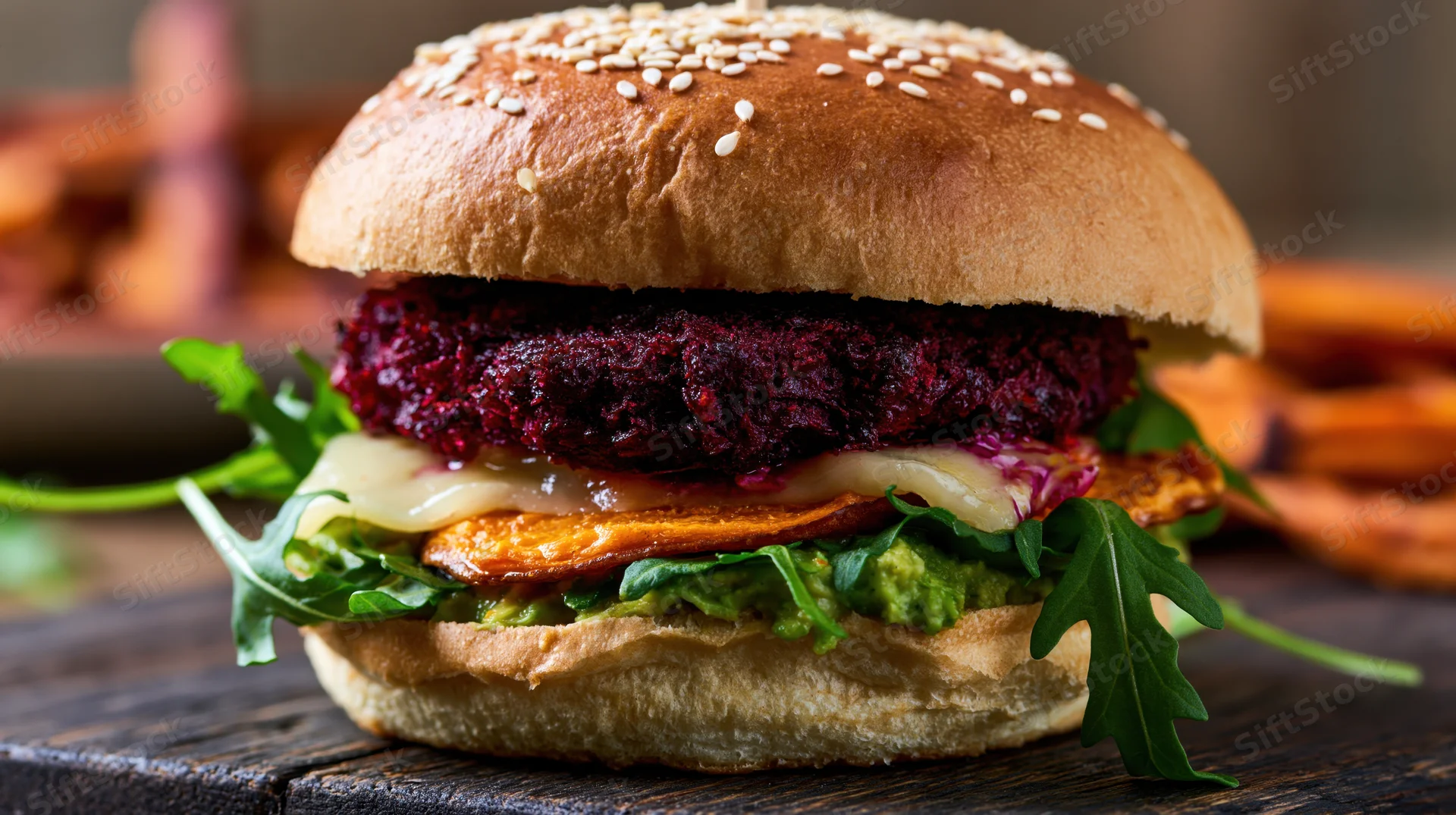 Beet veggie burger with avocado, melted cheese, and roasted sweet potato on a sesame bun, served on a dark wooden table