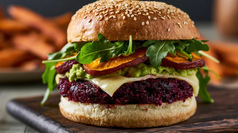 Beet veggie burger with avocado, cheese, and arugula on a sesame bun served on a wooden board with sweet potato fries in the background