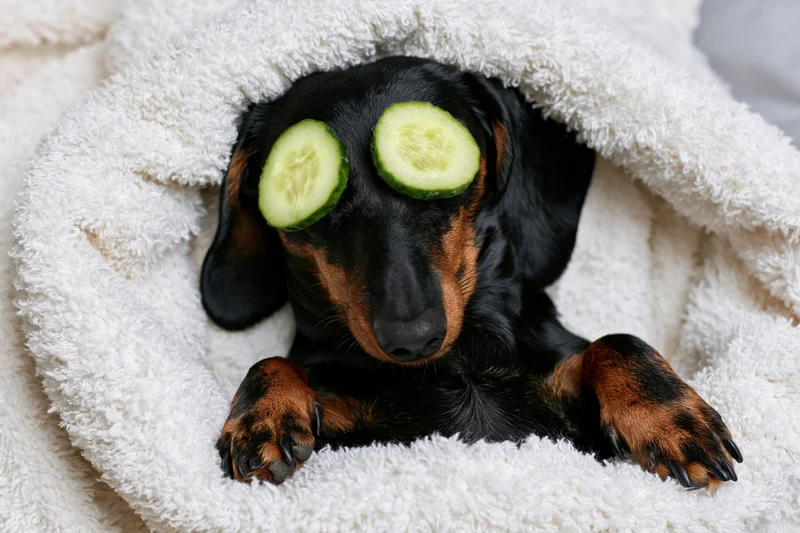 Black and tan dachshund lying on back with cucumber slices over eyes under white fluffy blanket