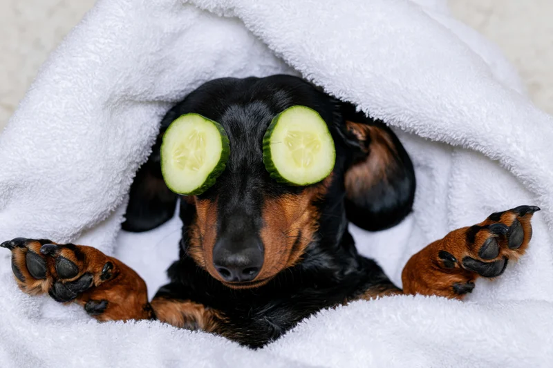 Black and tan dachshund lying on its back with cucumber slices over eyes under white towel