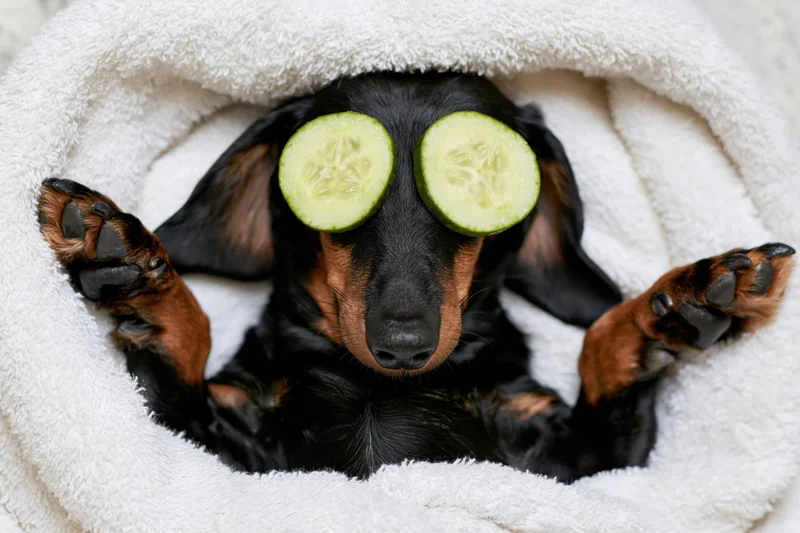 Black and tan dachshund lying on back with cucumber slices over eyes wrapped in white towel