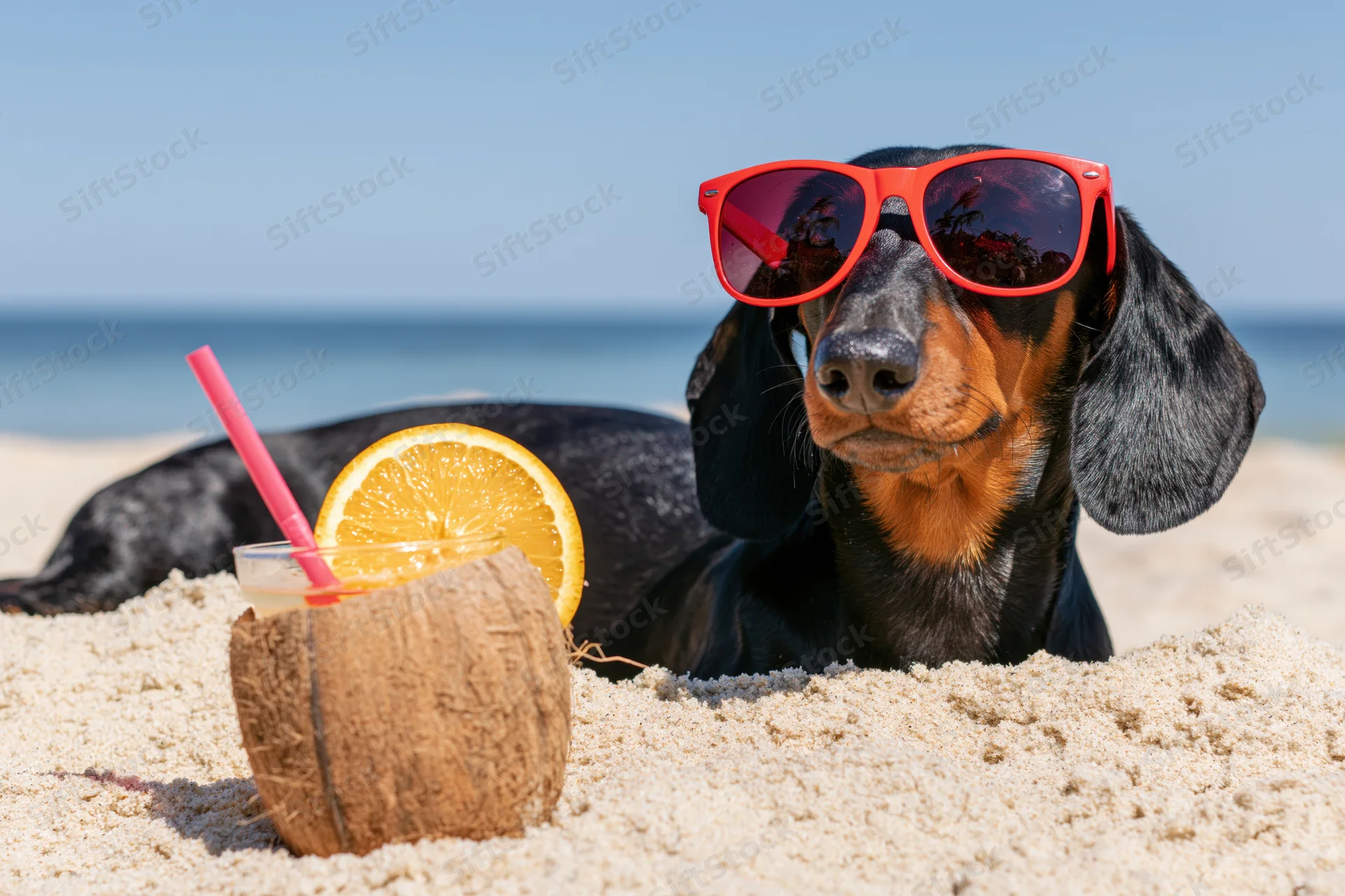 Dachshund wearing red sunglasses lounging on sandy beach beside coconut drink