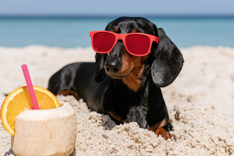 Black and tan dachshund wearing red sunglasses lounging on sandy beach beside coconut drink